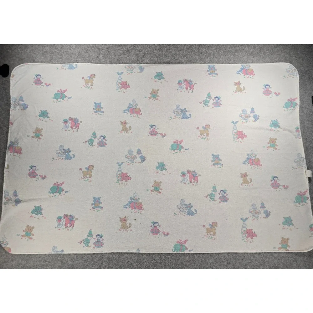 Vintage 90s Baby Receiving Blanket Swaddle Animals Dolls Pastel‎ Print 41x26